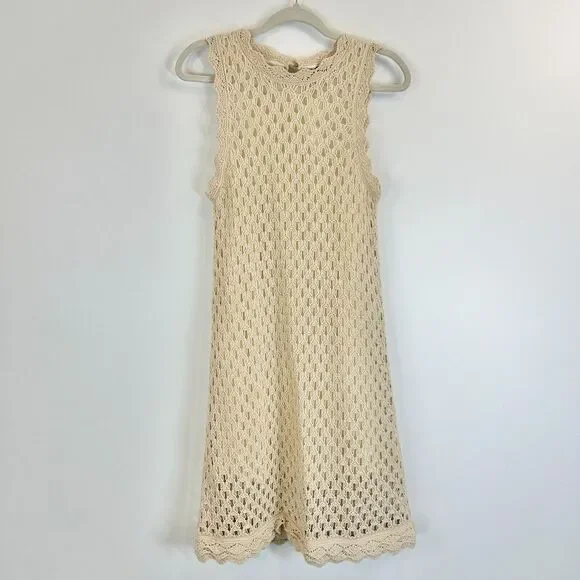 J. Crew Sweater Dress Womens M Toasted Cream Pointelle‎ Sleeveless Crochet Boho - Picture 2 of 14